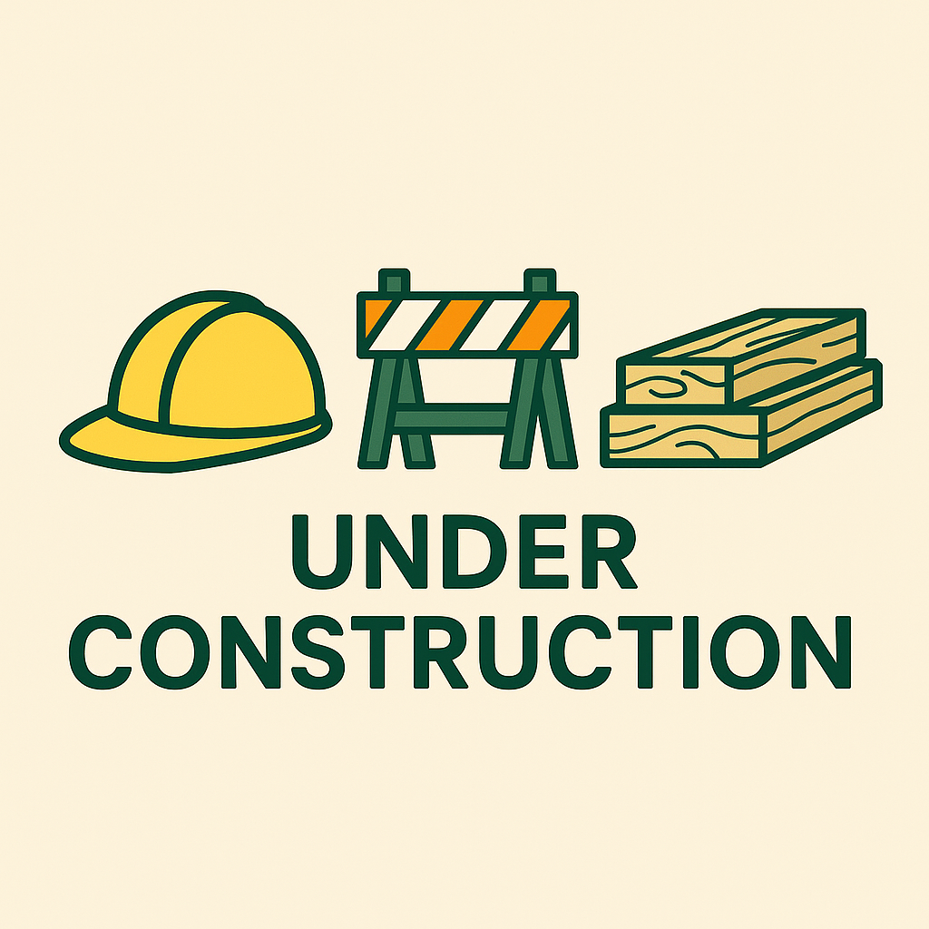 Under construction illustration with hard hat, sawhorse, and stacked lumber